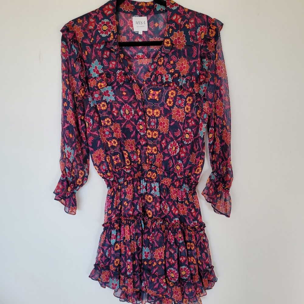 MISA Floral Dress Sheer  Flowy Size S Blue Pink Orange Lined Tiered Boho